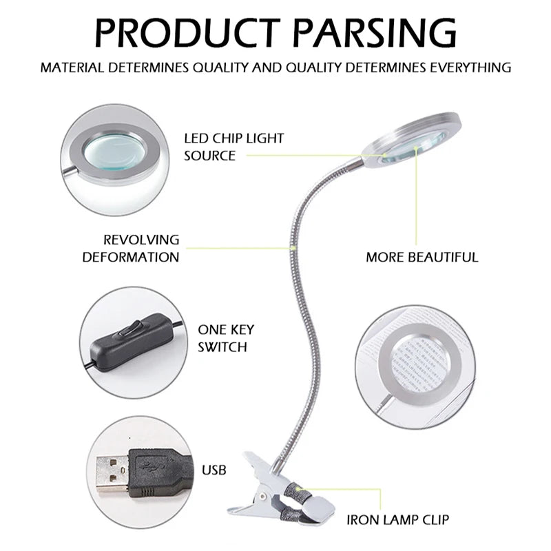 8X Magnifier LED Clip-On Desk Lamp | USB Eye-Protection Light for Beauty, Reading, and Tattoo Work